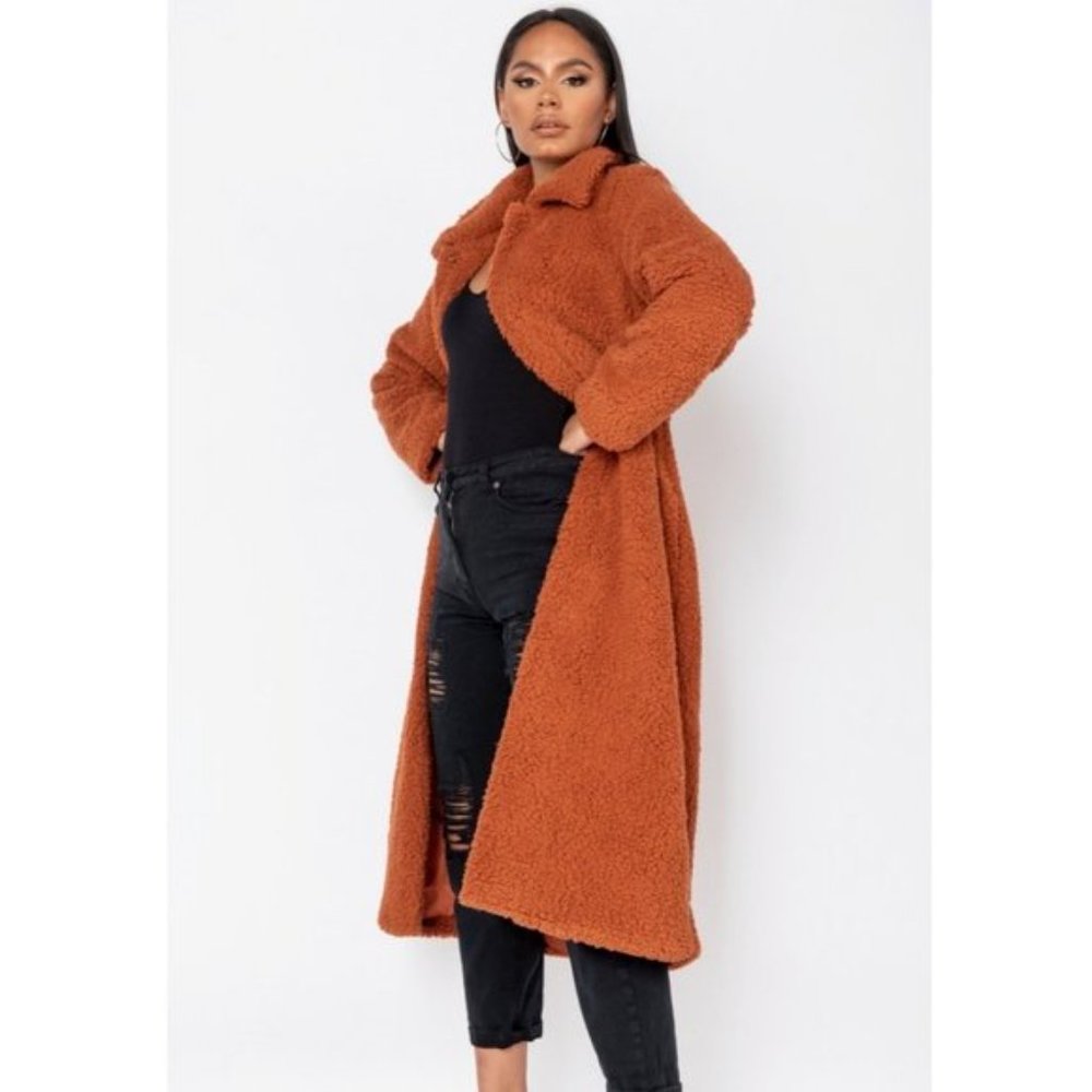Rust Long Sleeve Oversized Long Maxi Teddy Bear Fur Coat - Picture 8 of 9
